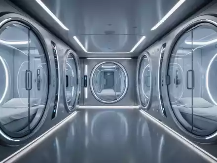 Innenansicht eines futuristischen Kapselhotels mit beleuchteten Schlafkapseln und minimalistischem Design. - Foto: über boerse-global.de