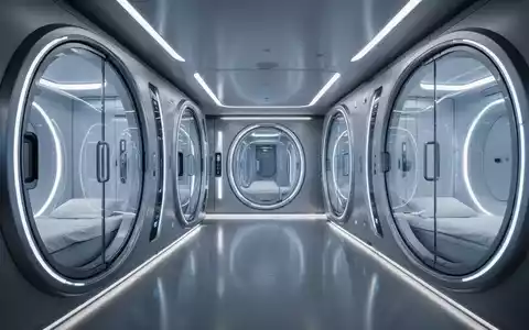 Innenansicht eines futuristischen Kapselhotels mit beleuchteten Schlafkapseln und minimalistischem Design. - Foto: über boerse-global.de