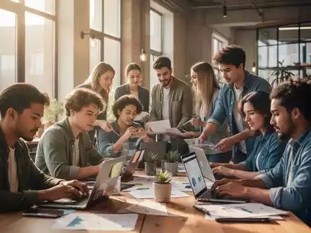 Eine Gruppe junger, motivierter Menschen arbeitet in einem modernen, sonnendurchfluteten Co-Working Space. - Foto: über boerse-global.de