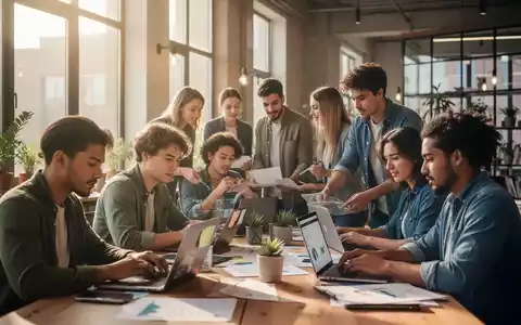 Eine Gruppe junger, motivierter Menschen arbeitet in einem modernen, sonnendurchfluteten Co-Working Space. - Foto: über boerse-global.de