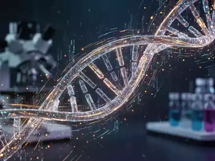 Eine stilisierte DNA-Helix, die sich mit digitalen Datenströmen verflechtet, mit angedeuteten Forschungslaboren im Hintergrund. - Foto: über boerse-global.de