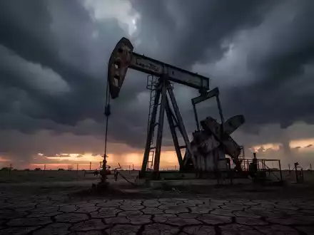 Eine einsame, verwitterte Ölpumpe vor einem dramatischen, stürmischen Himmel bei Sonnenuntergang, umgeben von trockenem Boden. - Foto: über boerse-global.de