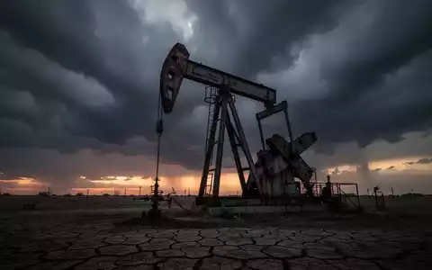 Eine einsame, verwitterte Ölpumpe vor einem dramatischen, stürmischen Himmel bei Sonnenuntergang, umgeben von trockenem Boden. - Foto: über boerse-global.de