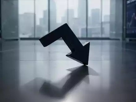 Ein dunkler, fallender Börsenpfeil wirft einen langen Schatten auf eine glänzende Oberfläche in einem modernen Finanzumfeld. - Foto: über boerse-global.de