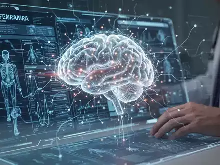 Eine futuristische Darstellung eines leuchtenden KI-Gehirns, das mit medizinischen Daten auf einem Bildschirm interagiert, mit einer Hand eines Arztes. - Foto: über boerse-global.de