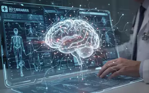 Eine futuristische Darstellung eines leuchtenden KI-Gehirns, das mit medizinischen Daten auf einem Bildschirm interagiert, mit einer Hand eines Arztes. - Foto: über boerse-global.de