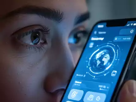 Nahaufnahme eines menschlichen Auges, das auf ein Smartphone-Display blickt, mit subtilem Blaulichtfiltereffekt und klarem Bildschirminhalt. - Foto: über boerse-global.de