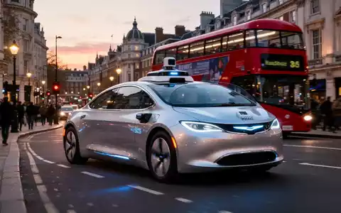 Ein futuristisches Waymo-Robotaxi fährt autonom durch eine belebte Londoner Straße in der Dämmerung, im Hintergrund ein roter Doppeldeckerbus. - Foto: über boerse-global.de