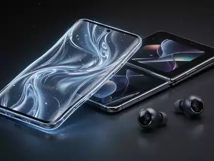 A futuristic smartphone with a curved, bezel-less display, a foldable phone, and AI-enabled earbuds, all glowing subtly. - Foto: über boerse-global.de