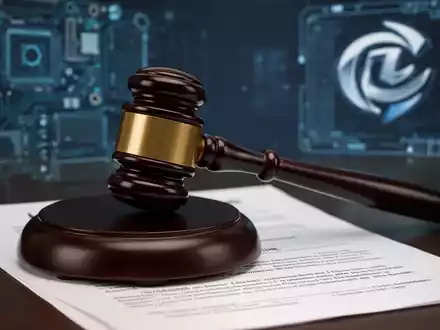 Ein Richterhammer liegt auf Rechtsdokumenten, im Hintergrund verschwommen Technologiekomponenten und ein Firmenlogo. - Foto: über boerse-global.de