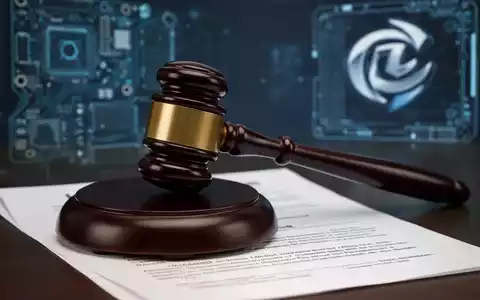 Ein Richterhammer liegt auf Rechtsdokumenten, im Hintergrund verschwommen Technologiekomponenten und ein Firmenlogo. - Foto: über boerse-global.de