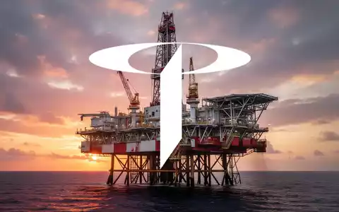 Eine riesige Offshore-Ölbohrplattform mit Bohrturm vor einem dramatischen Sonnenuntergangshimmel, die die Energiebranche darstellt. - Foto: über boerse-global.de