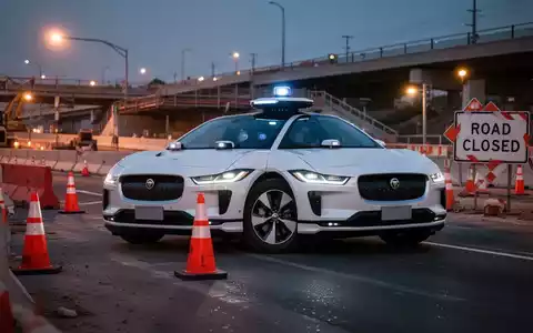A white Waymo robotaxi drives past orange construction cones and a 'Road Closed' sign into a highway construction zone. - Foto: über boerse-global.de