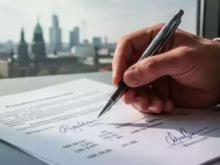 Eine Hand hält einen Stift über ein juristisches Dokument, das Finanzschwellenwerte und rechtliche Änderungen andeutet. Berlin im Hintergrund. - Foto: über boerse-global.de