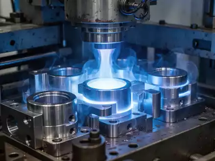 Nahaufnahme von Industrieanlagen mit blau leuchtendem Plasma, das Metallteile während des Plasmanitrierens behandelt. - Foto: über boerse-global.de