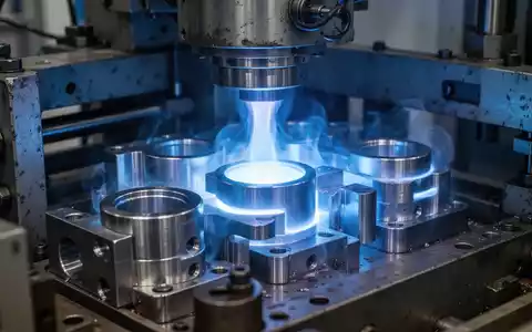 Nahaufnahme von Industrieanlagen mit blau leuchtendem Plasma, das Metallteile während des Plasmanitrierens behandelt. - Foto: über boerse-global.de