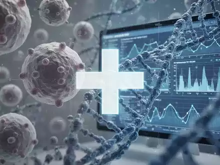 Abstrakte Darstellung von pharmazeutischer Forschung mit Zellen, DNA und klinischen Daten, überlagert von einem medizinischen Kreuz. - Foto: über boerse-global.de