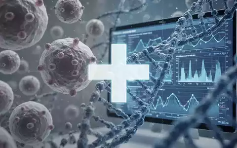 Abstrakte Darstellung von pharmazeutischer Forschung mit Zellen, DNA und klinischen Daten, überlagert von einem medizinischen Kreuz. - Foto: über boerse-global.de