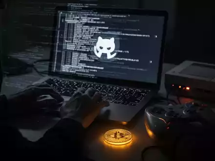 A person's hands typing on a laptop with a retro gaming controller and cryptocurrency coin nearby, symbolizing malware targeting niche communities. - Foto: über boerse-global.de