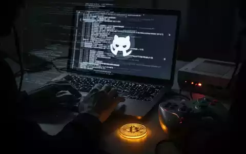 A person's hands typing on a laptop with a retro gaming controller and cryptocurrency coin nearby, symbolizing malware targeting niche communities. - Foto: über boerse-global.de