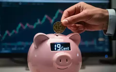 Eine Hand legt eine glänzende Münze in ein stilisiertes Sparschwein, dessen Display '19 Cent' anzeigt, vor einem unscharfen Finanzchart. - Foto: über boerse-global.de