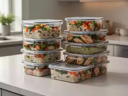 Sauber gestapelte Meal-Prep-Behälter auf einer modernen Küchentheke, gefüllt mit gesundem, farbenfrohem Essen. - Foto: über boerse-global.de