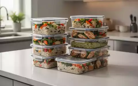 Sauber gestapelte Meal-Prep-Behälter auf einer modernen Küchentheke, gefüllt mit gesundem, farbenfrohem Essen. - Foto: über boerse-global.de