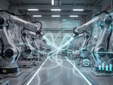 Ein futuristisches Industrielager mit automatisierten Robotern und leuchtenden Datenströmen, die Effizienz und KI-gesteuertes Ressourcenmanagement symbolisieren. - Foto: über boerse-global.de