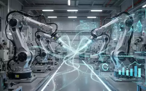 Ein futuristisches Industrielager mit automatisierten Robotern und leuchtenden Datenströmen, die Effizienz und KI-gesteuertes Ressourcenmanagement symbolisieren. - Foto: über boerse-global.de