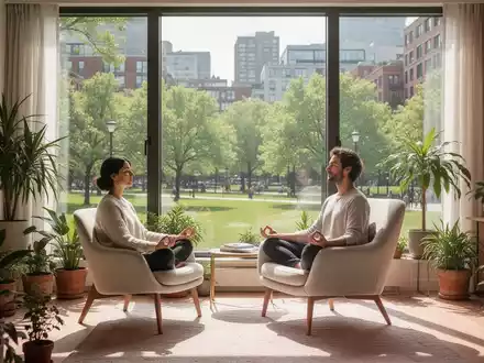 Ein heller, moderner Wohnraum mit großen Fenstern, die auf einen grünen Park blicken. Eine Person meditiert in einem Sessel. - Foto: über boerse-global.de
