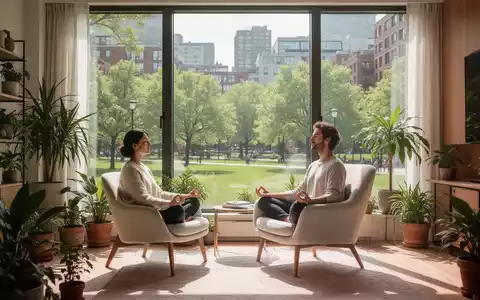 Ein heller, moderner Wohnraum mit großen Fenstern, die auf einen grünen Park blicken. Eine Person meditiert in einem Sessel. - Foto: über boerse-global.de