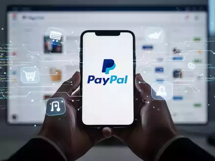 A person's hands holding a smartphone with the PayPal logo, surrounded by digital payment icons and code, over a blurred e-commerce site. - Foto: über boerse-global.de