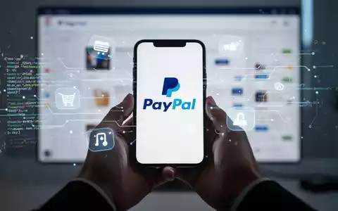 A person's hands holding a smartphone with the PayPal logo, surrounded by digital payment icons and code, over a blurred e-commerce site. - Foto: über boerse-global.de