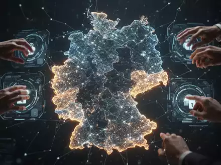 Eine digitale Darstellung der Umrisse Deutschlands, bestehend aus leuchtenden Datenpunkten und Netzlinien, die Fortschritt und Stagnation zeigen. - Foto: über boerse-global.de