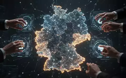 Eine digitale Darstellung der Umrisse Deutschlands, bestehend aus leuchtenden Datenpunkten und Netzlinien, die Fortschritt und Stagnation zeigen. - Foto: über boerse-global.de