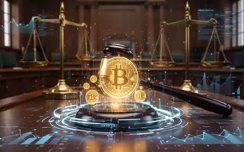 Ein stilisierter Hammer schlägt auf ein digitales Hauptbuch mit Bitcoin-Symbolen, im Hintergrund Waagen der Gerechtigkeit. - Foto: über boerse-global.de