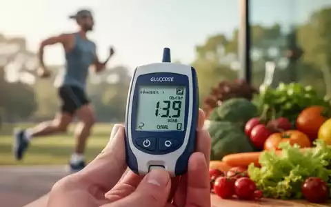 Nahaufnahme eines Blutzuckermessgeräts, das einen normalen Wert anzeigt, mit verschwommenem Hintergrund einer Person beim Sport. - Foto: über boerse-global.de