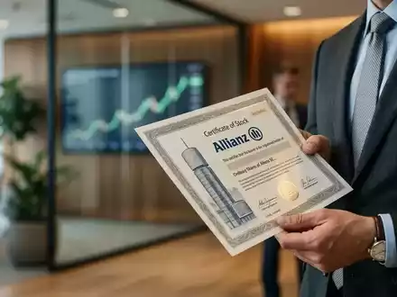 Eine Nahaufnahme einer Allianz-Aktie, gehalten von einer Person in einem Anzug, mit einem subtilen Aufwärtstrend im Hintergrund. - Foto: über boerse-global.de
