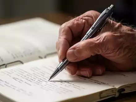 Eine Nahaufnahme einer älteren Hand, die einen Stift über einem Notizbuch hält, symbolisiert geistige Aktivität und Demenzprävention. - Foto: über boerse-global.de