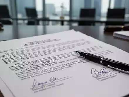 Ein Stift liegt auf einem rechtlichen Dokument oder Vertrag, mit einem unscharfen Hintergrund eines modernen Büros. - Foto: über boerse-global.de