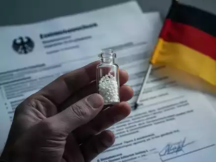 Eine Hand hält ein kleines Glasfläschchen mit homöopathischen Globuli. Im unscharfen Hintergrund sind Regierungsdokumente und eine Deutschlandflagge zu sehen. - Foto: über boerse-global.de