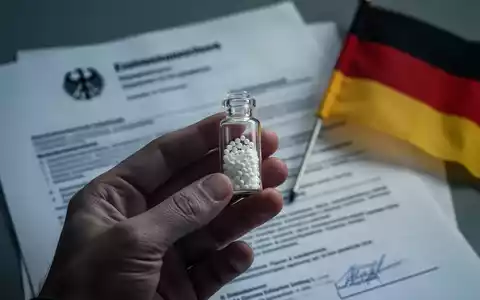 Eine Hand hält ein kleines Glasfläschchen mit homöopathischen Globuli. Im unscharfen Hintergrund sind Regierungsdokumente und eine Deutschlandflagge zu sehen. - Foto: über boerse-global.de
