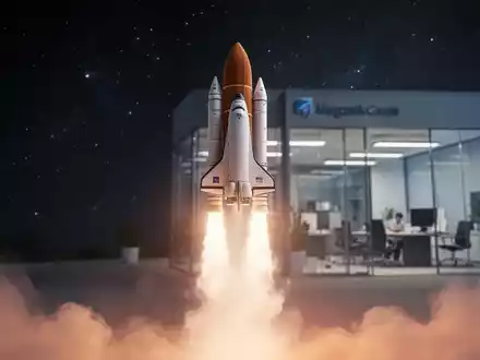 Eine stilisiert startende Rakete in den Weltraum, im Hintergrund verschwommen ein Firmengebäude. - Foto: über boerse-global.de