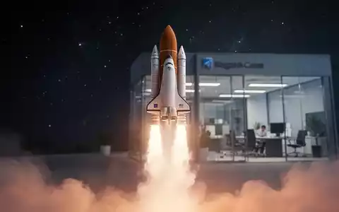 Eine stilisiert startende Rakete in den Weltraum, im Hintergrund verschwommen ein Firmengebäude. - Foto: über boerse-global.de