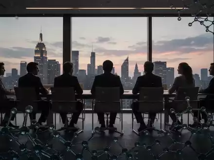 Sieben stilisierte Silhouetten von Direktoren in einem modernen Sitzungssaal bei Dämmerung, mit subtilen Graphen-Elementen. - Foto: über boerse-global.de