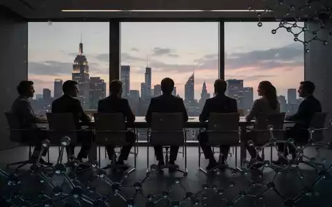 Sieben stilisierte Silhouetten von Direktoren in einem modernen Sitzungssaal bei Dämmerung, mit subtilen Graphen-Elementen. - Foto: über boerse-global.de