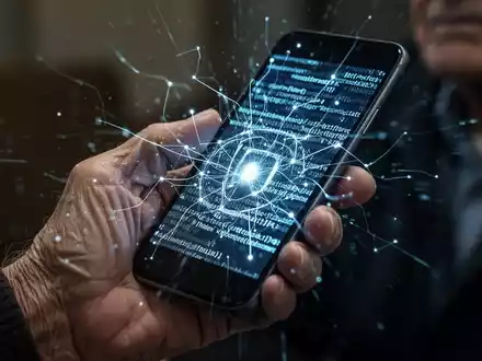 Close-up of an elderly person's hand holding a smartphone, with a glowing, intricate network of digital lines representing malware on the screen. - Foto: über boerse-global.de