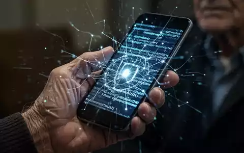 Close-up of an elderly person's hand holding a smartphone, with a glowing, intricate network of digital lines representing malware on the screen. - Foto: über boerse-global.de