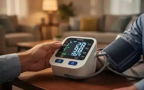 Eine Hand misst den Blutdruck mit einem digitalen Heimgerät, im Hintergrund ein unscharfes Wohnzimmer. - Foto: über boerse-global.de
