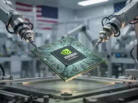 A close-up of an NVIDIA Blackwell AI chip being handled by robotic arms in a high-tech manufacturing facility, with industrial machinery in the background. - Foto: über boerse-global.de